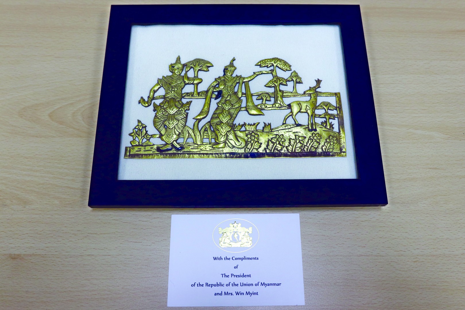 Gift from President Myint depicting a scene of Rama chasing the demon Macricha in the form of a golden deer in the Myanmar’s national epic called "Yama Zatdaw", the Burmese version of the Ramayana